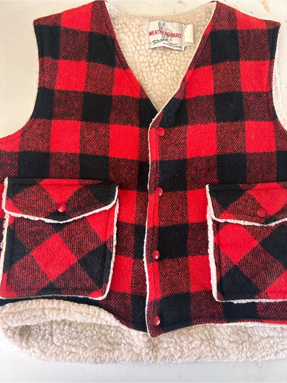 Vintage Men’s Red & Black Buffalo Plaid Sherpa-Lined Vest